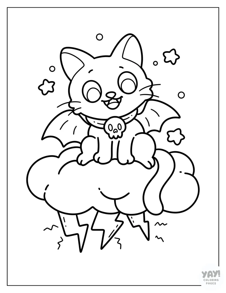 Cute vampire cat on storm cloud coloring page