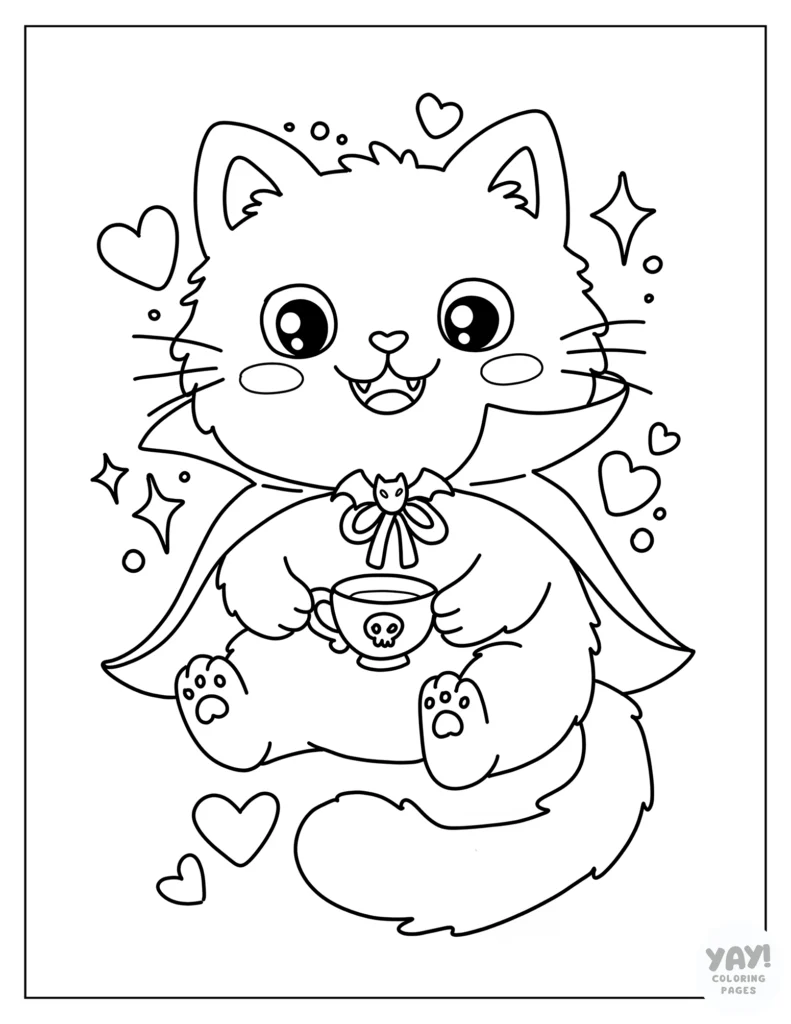 Fuzzy vampire cat drinking tea coloring page