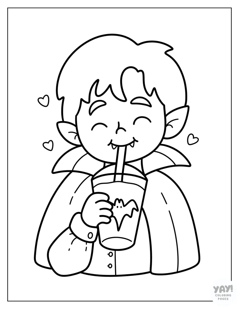 Portrait of vampire drinking beverage coloring page