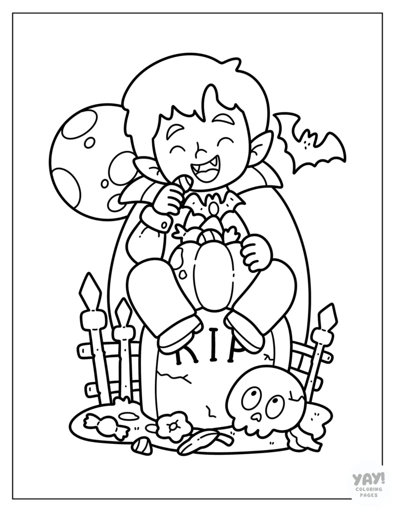 Happy vampire sits on tombstone and eats candy coloring page