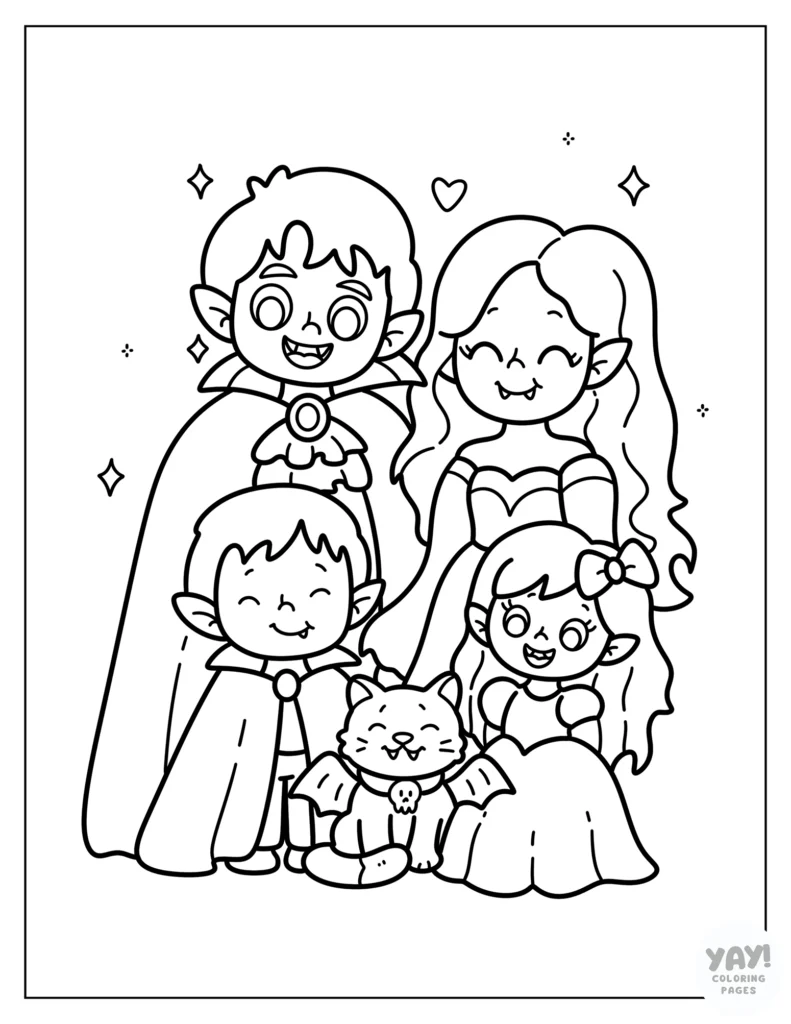Adorable vampire family with pet cat coloring page