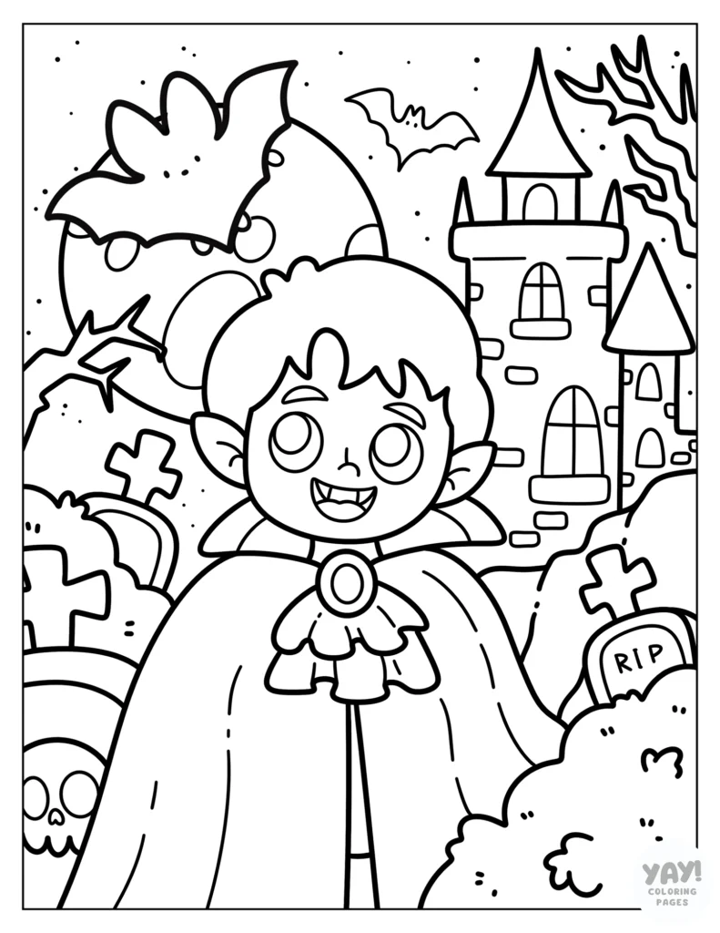 Smiling vampire looks at bat outside of spooky castle coloring page