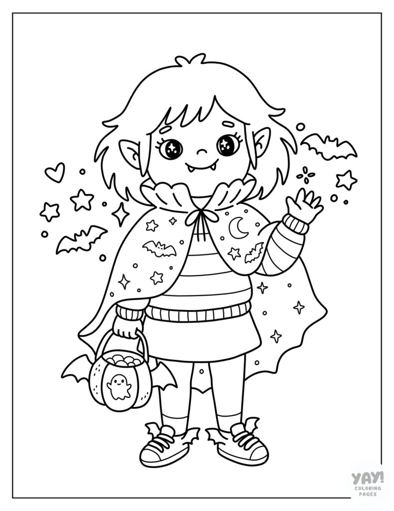 Cute vampire trick-or-treater coloring page