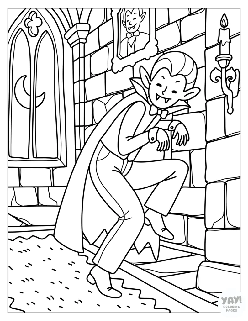 Sneaky vampire in haunted castle coloring page