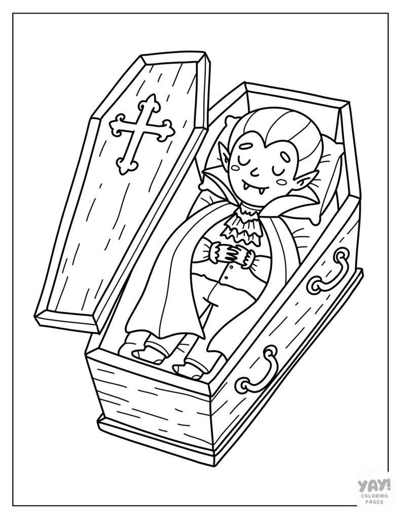 Tired vampire asleep in coffin coloring page
