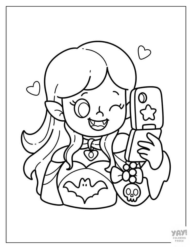 Girly vampire takes a selfie coloring page
