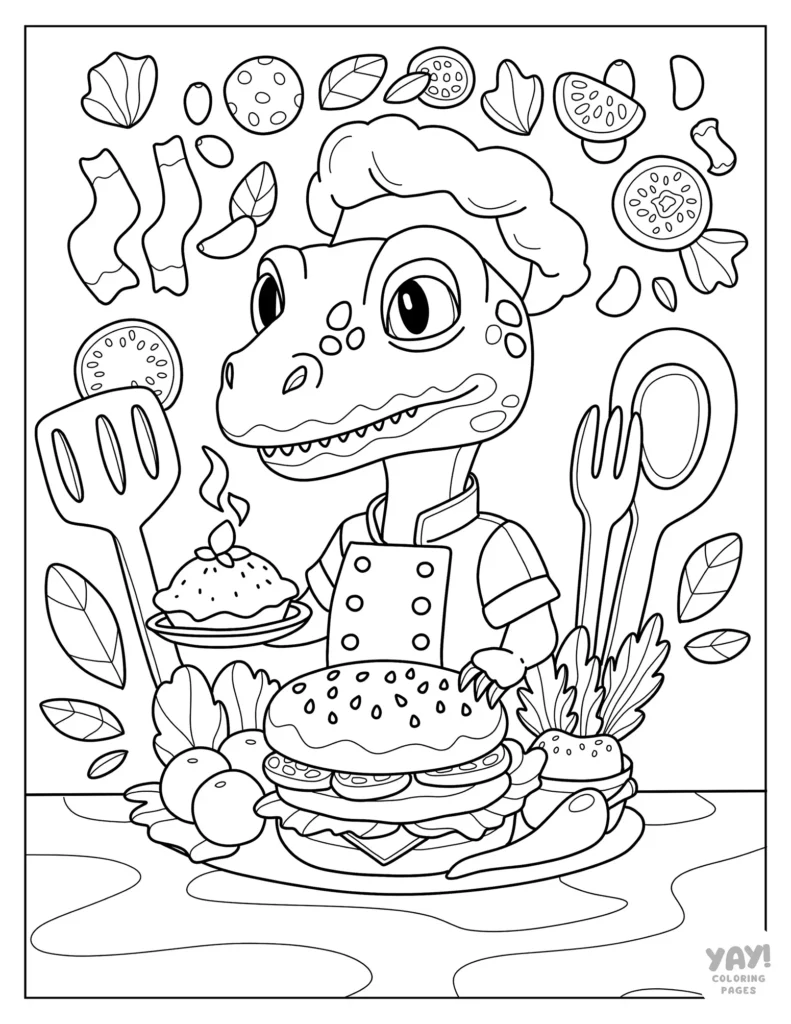 Dinosaur chef making a burger