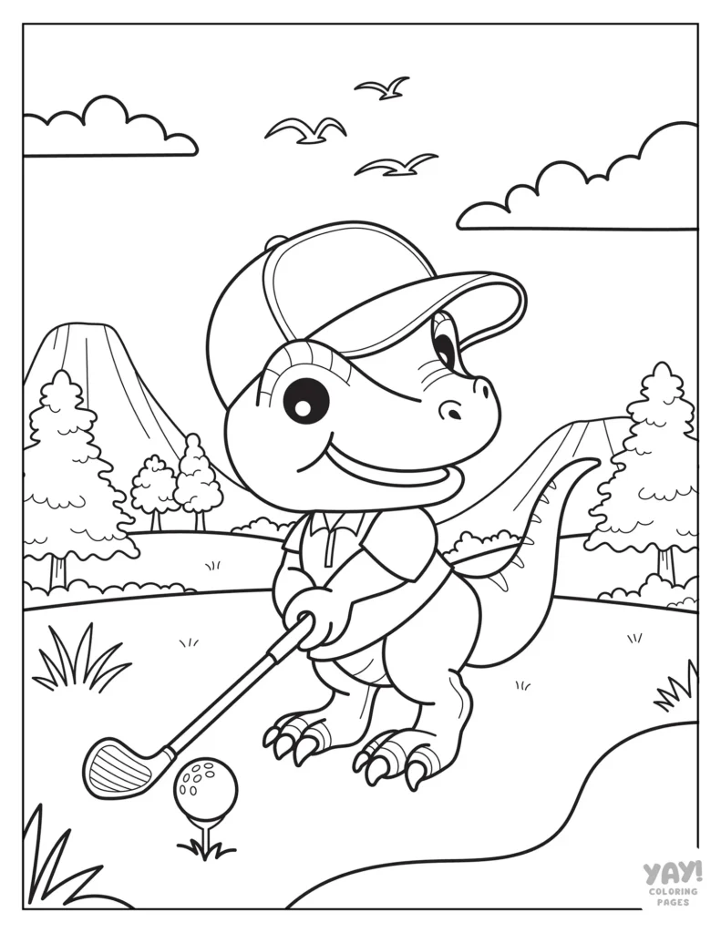 Dinosaur goes golfing coloring page