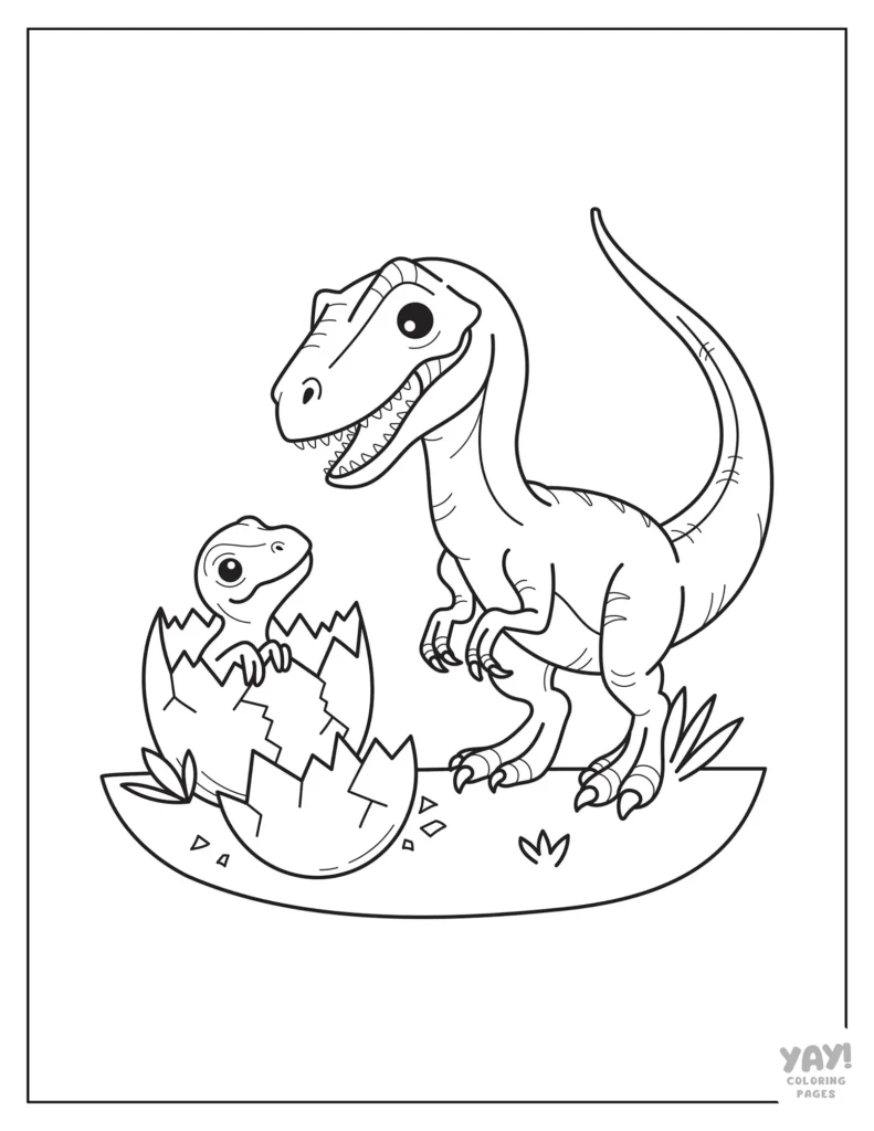 Mom velociraptor and baby hatching from egg