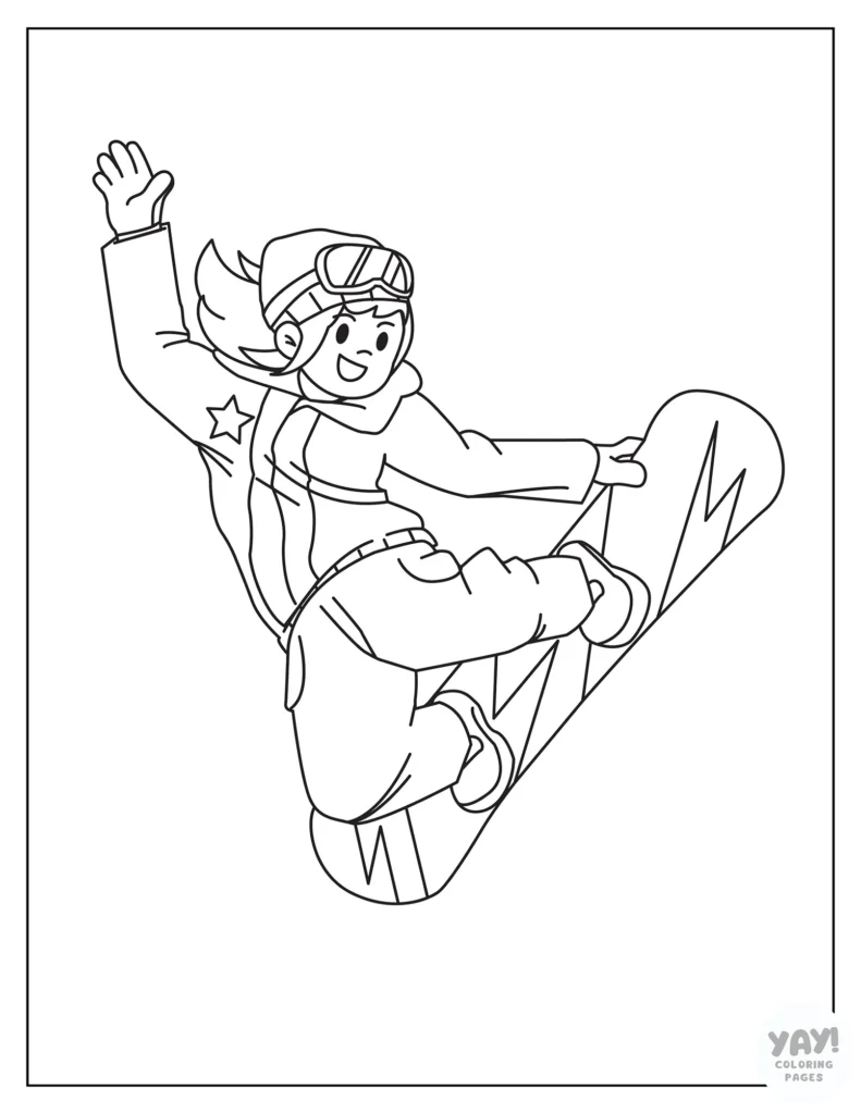 Girl snowboarder leaping in air coloring page