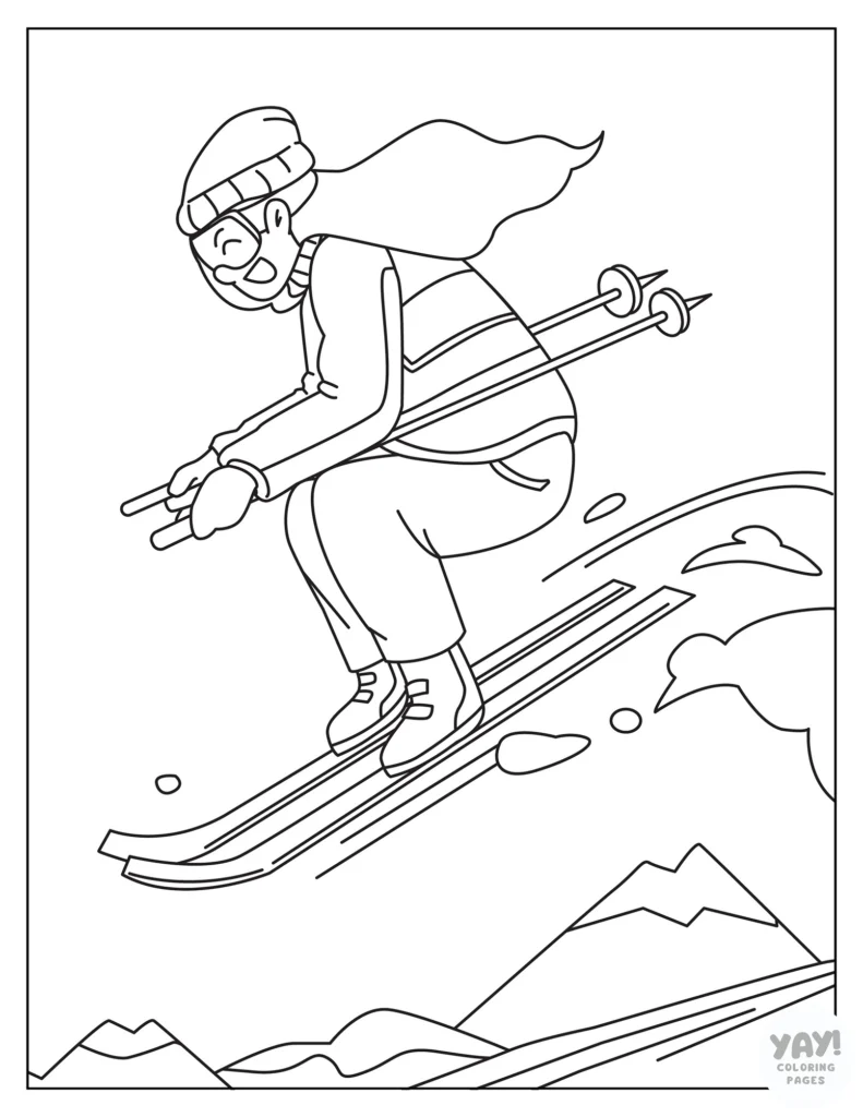 Winter sports coloring page of a woman on skis leaping in the air with snow behind her