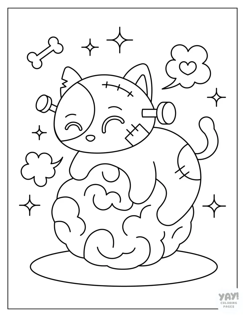 Zombie cat holding onto brain coloring page