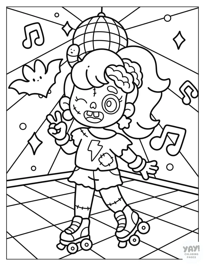 Cute disco rollerskating zombie coloring page