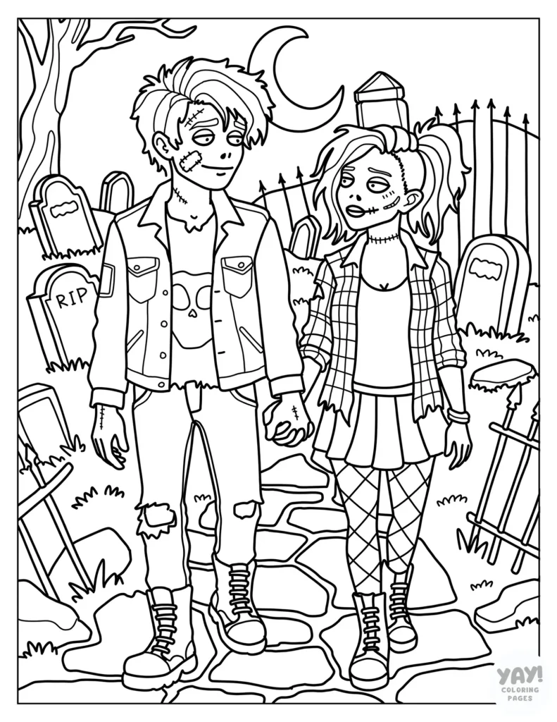 Zombie teen couple on a walk by the tombstones coloring page