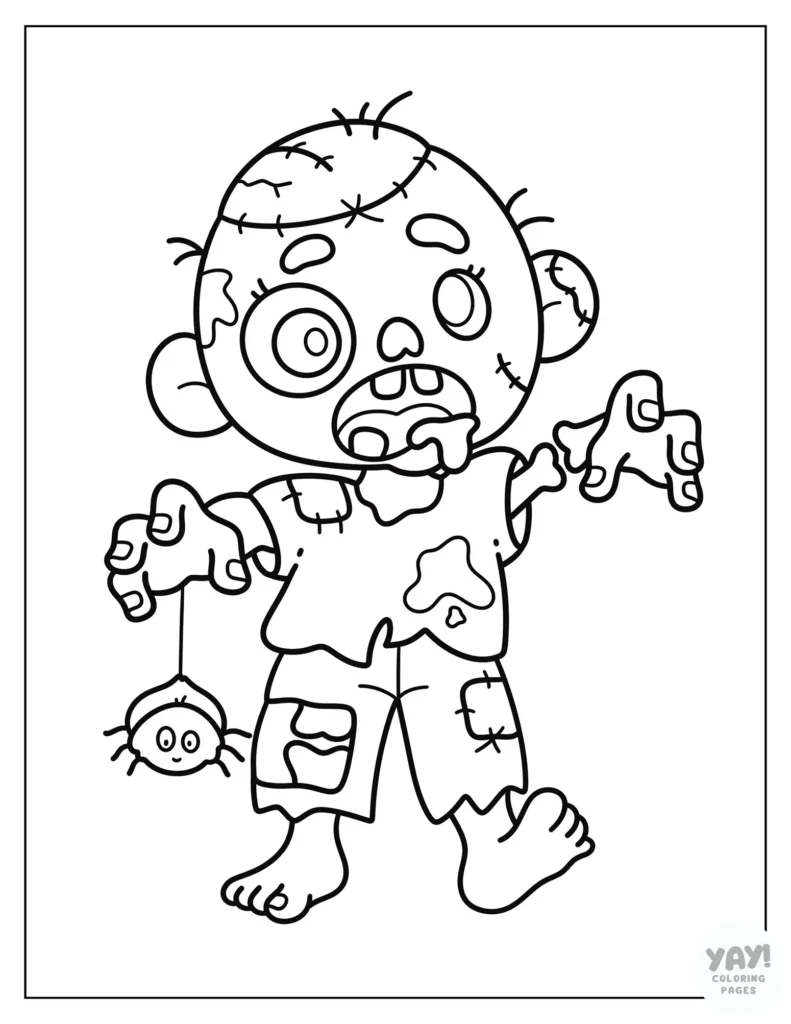 Zombie with exposed brain and spider friend coloring page