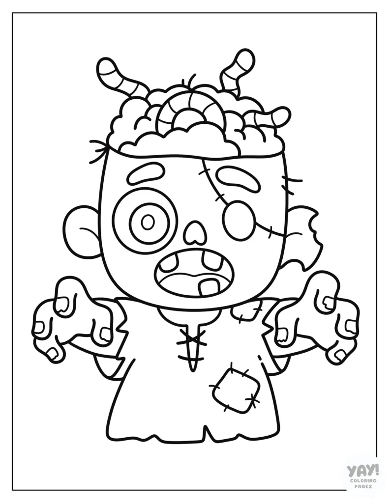 Zombie with worms in their brain coloring page
